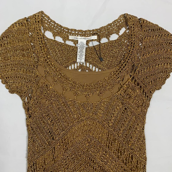 Diane Von Furstenberg Crochet Open Knit Lacey Lace  Sleeve Gold Metallic Dress S - Picture 7 of 10